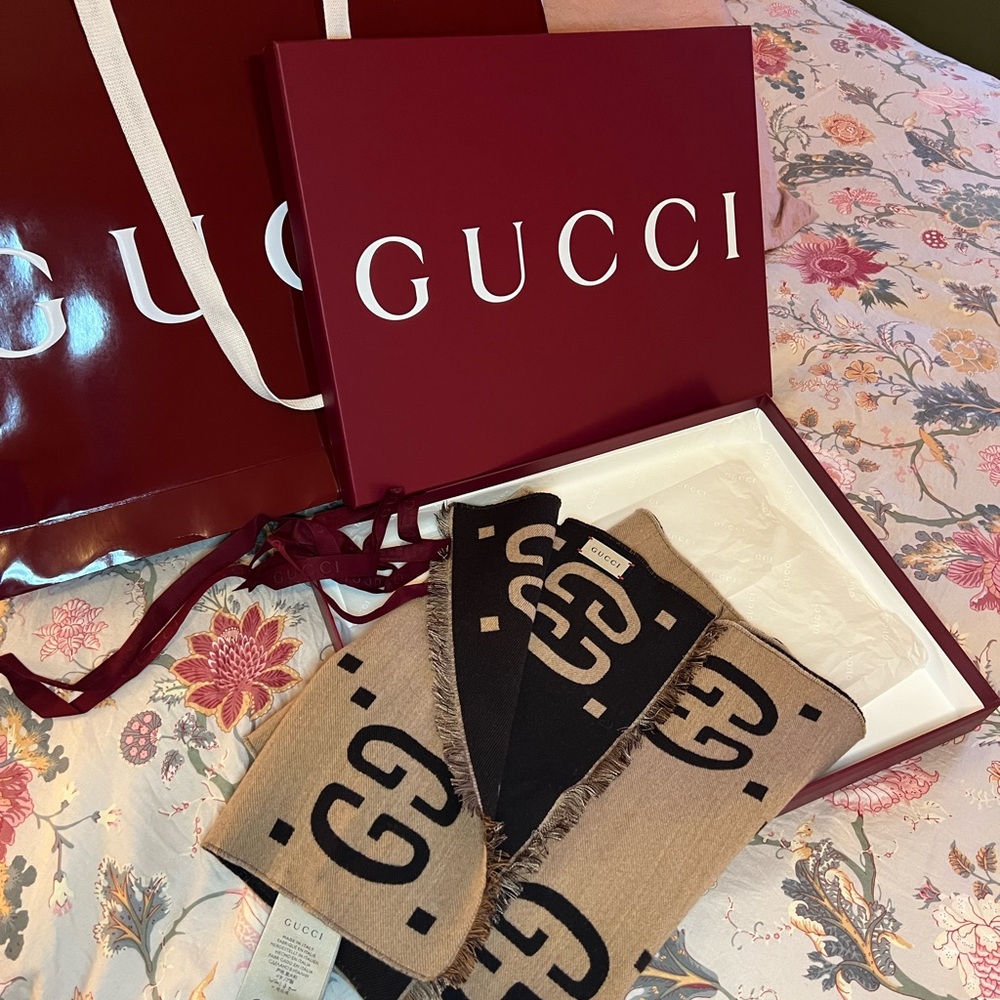 Gucci Chocolate and Beige GG Logo Scarf